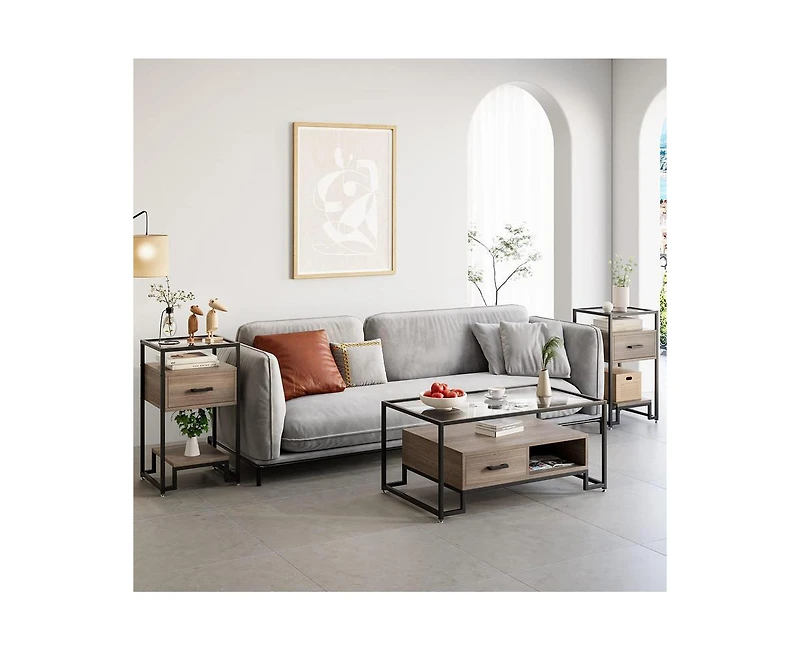 Nightstand Set of 2, Mid Century Modern End Table with 3-Tier Storage & Tempered Glass Top and Storage Drawer for Bedroom, Live Room
