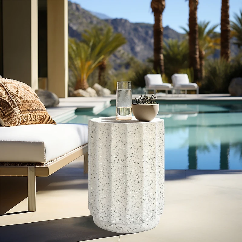 LuxenHome Off White with Gray Cement Fluted Round Indoor Outdoor Side and End Table