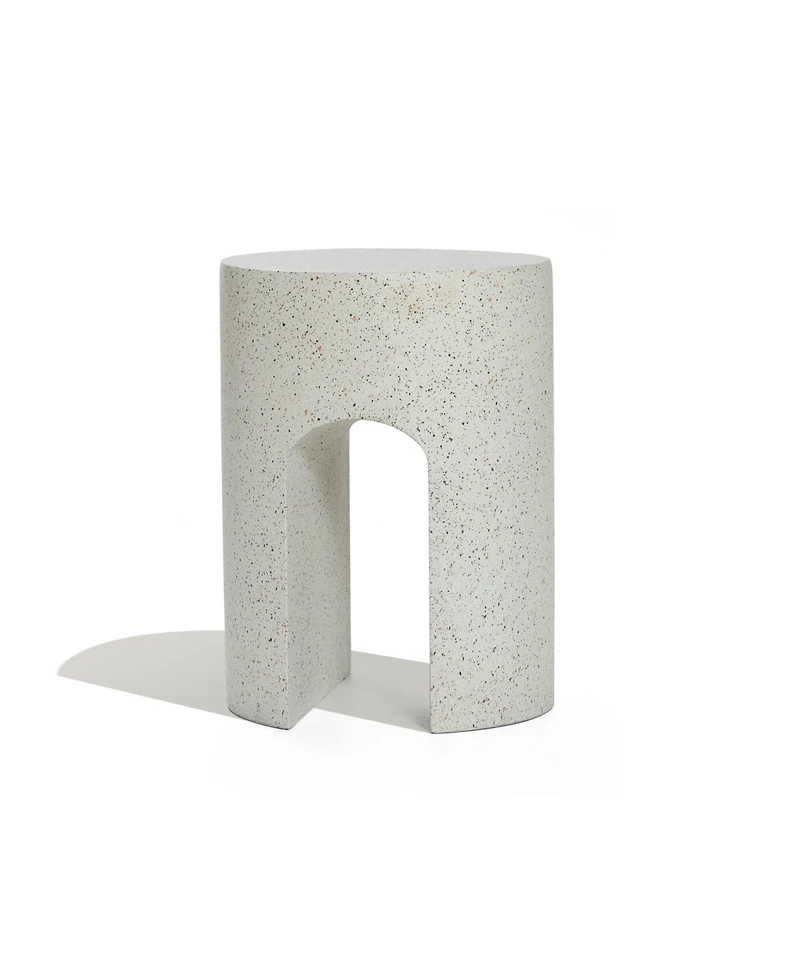 LuxenHome Outdoor Side Table, 17.5'' Mod Cream Cement Small Accent Table, Round with U-Shape End Tables for Garden,Patio,Balcony, Plant Stand