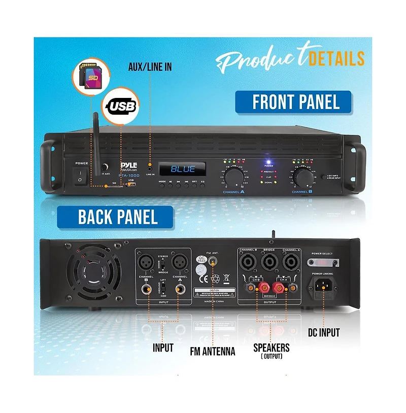 Pyle 2-Channel Bluetooth Pro Audio Amplifier With Rack Mount & Bridge Mode, 2000 Watt