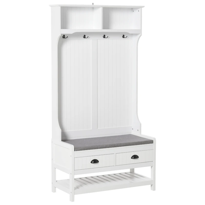 3-in-1 Hall Tree, Entryway Bench with Coat Rack, Mudroom Bench with Shoe Rack, 2 Storage Drawers, 4 Hooks and Padded Seat Cushions for Hallway, White
