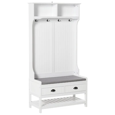 3-in-1 Hall Tree, Entryway Bench with Coat Rack, Mudroom Bench with Shoe Rack, 2 Storage Drawers, 4 Hooks and Padded Seat Cushions for Hallway, White