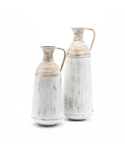 LuxenHome Set of 2 Distressed Off White and Rustic Brown Metal Pitcher Vase