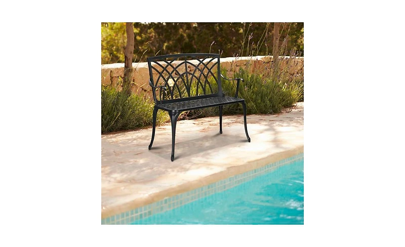 Slickblue 38-Inch Outdoor Aluminum Bench with Orchid Back in Black – Elegant and Durable Seating Solution for Patios and Gardens