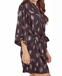 iCollection Plus Silky Self Tie Robe Feather Print