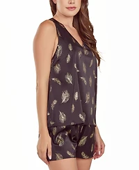 iCollection Women's Silky Tank Pajama Set Feather Print
