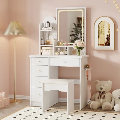 Famapy 5-Drawers White Makeup Vanity Sets Dressing Table Sets With Stool, Led Lighted Mirror, Power Strip and Hair Dryer Holder