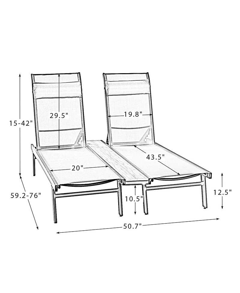 Hulala Home Romy Modern 76”Long Reclining Chaise Lounge Set (Set of 2) with Metal Legs