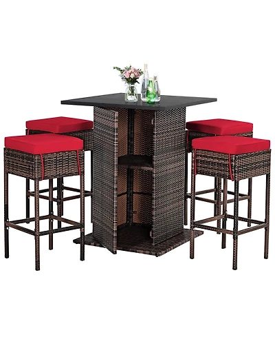 5 Pieces Patio Rattan Bar Furniture Set with Cushions and Hidden Storage Shelf