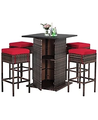 5 Pieces Patio Rattan Bar Furniture Set with Cushions and Hidden Storage Shelf