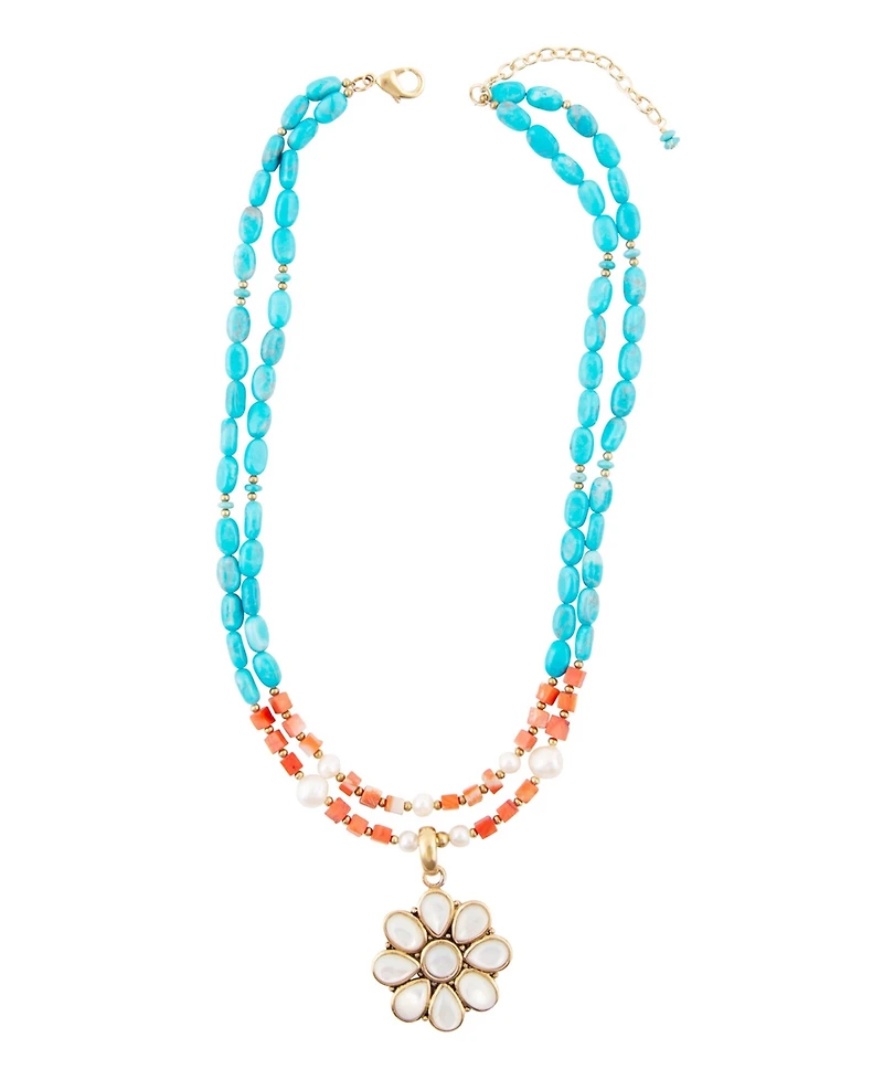 Barse Hibiscus Genuine Multi Stone Mother of Pearl Bronze Flower Pendant Necklace