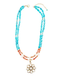 Barse Hibiscus Genuine Multi Stone Mother of Pearl Bronze Flower Pendant Necklace