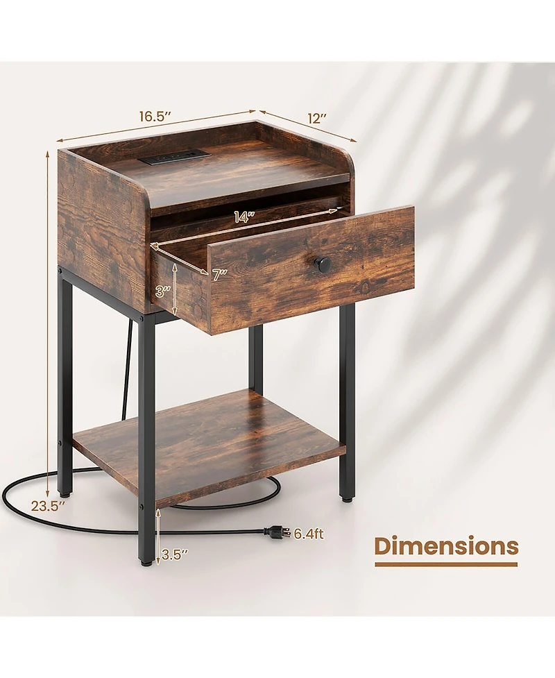 Gymax Nightstand Side End Table w/ Charging Station Drawer Open Shelf for Small Space