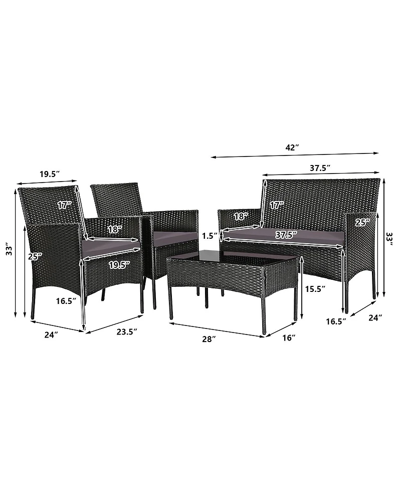 Sugift 4 Pieces Patio Rattan Cushioned Sofa Set with Tempered Glass Coffee Table-Grey & Off White
