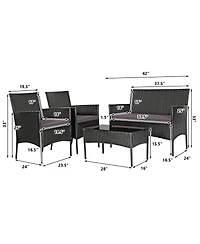 Sugift 4 Pieces Patio Rattan Cushioned Sofa Set with Tempered Glass Coffee Table-Grey & Off White
