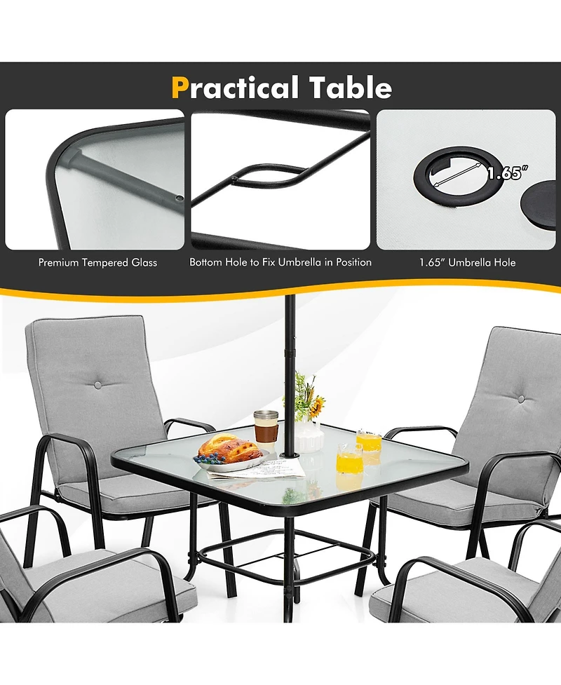 Sugift 6 Pieces Patio Dining Set with Umbrella and Stackable Cushioned Chairs