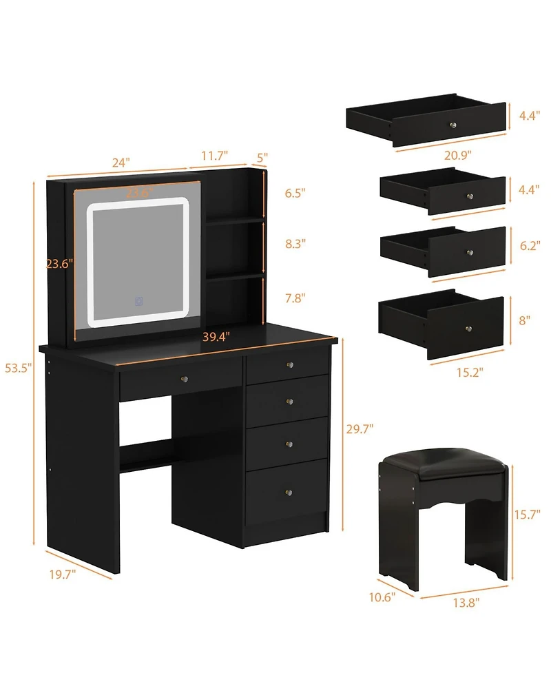 Famapy 5-Drawers Black Wood Led Push-Pull Mirror Makeup Vanity Sets Dressing Table Sets with Stool and 3-Tier Storage Shelves