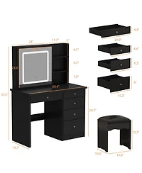 Famapy 5-Drawers Black Wood Led Push-Pull Mirror Makeup Vanity Sets Dressing Table Sets with Stool and 3-Tier Storage Shelves