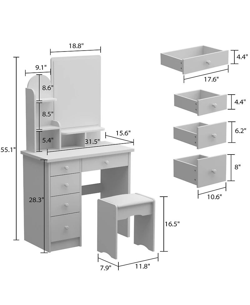 Famapy 5-Drawers White Makeup Vanity Table Wooden Dressing Desk With Mirror and 3-Tier Storage Shelves