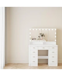 Famapy White Makeup Vanity Table Dressing Desk W/3-Mirrors,Lighted Mirror, Drawers, Hidden Storage Shelves Carved Metal Handles