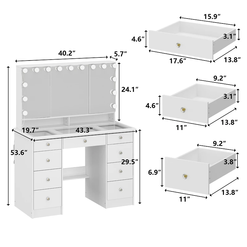 Famapy White Makeup Vanity Desk 9 Drawers Wood Dressing Table With 3 Led Bulb Light Mirrors, Glass Top, Hidden Storage Shelves
