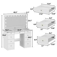 Famapy White Makeup Vanity Desk 9 Drawers Wood Dressing Table With 3 Led Bulb Light Mirrors, Glass Top, Hidden Storage Shelves