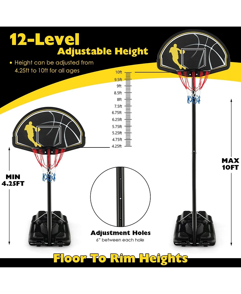Gouun 4.25-10 Feet Portable Adjustable Basketball Goal Hoop System