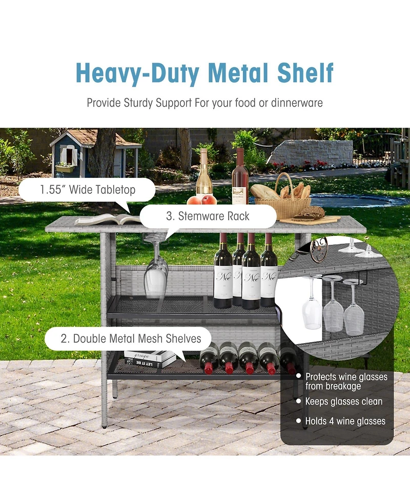 Sugift Outdoor Patio Wicker Bar Table with Metal Shelves
