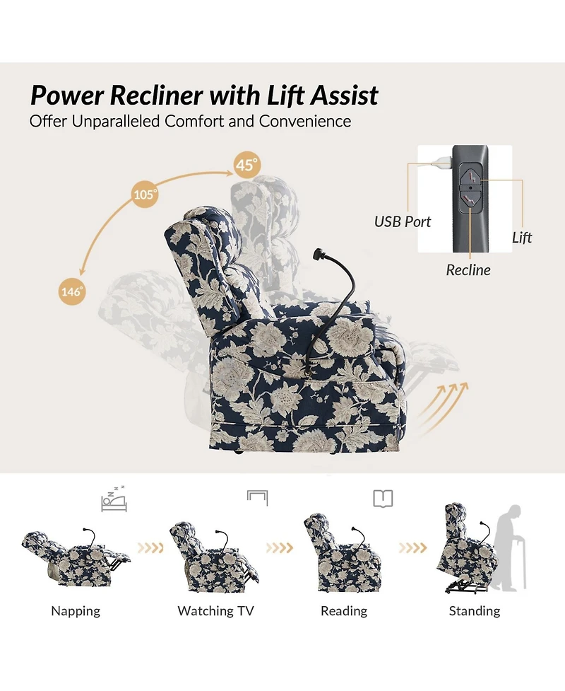 Hulala Home Ruprecht Farmhouse Lift Assist Power Recliner with Massage Heat and Manual Headrest