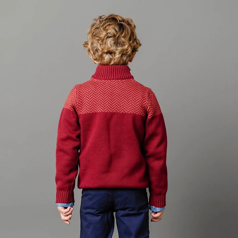 Hope & Henry Boys Organic Long Sleeve Mock Neck Button Sweater with Intarsia Yoke