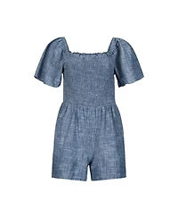 Hope & Henry Women's Bell Sleeve Smocked Chambray Romper