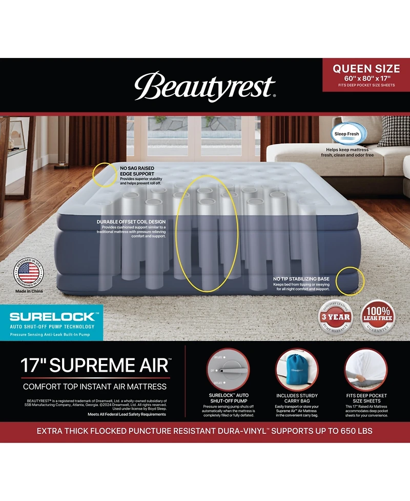 Beautyrest 17" Supreme Air Comfort Top Air Mattress with Built-in SureLock Pump and Auto Shut-Off, Full Size, Puncture-Resistant Dura-Vinyl, Raised Ed