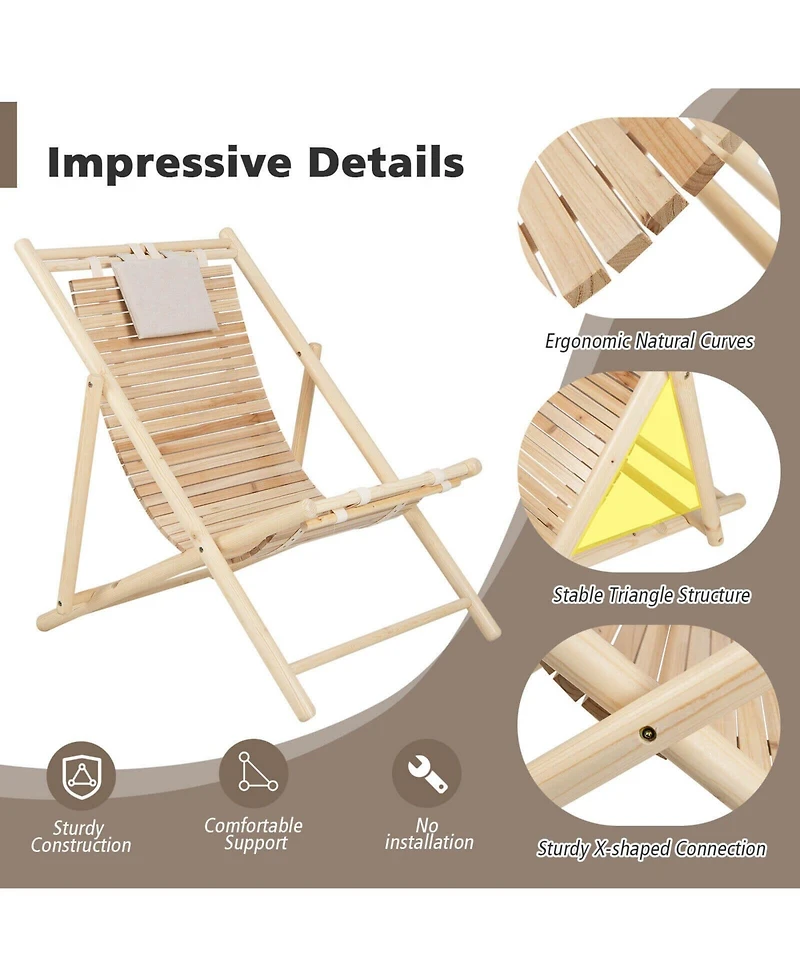 Inolait Single Solid Fir Wood Lounge Chair with 3-Level Adjustable Backrest and Soft Padded Headrest