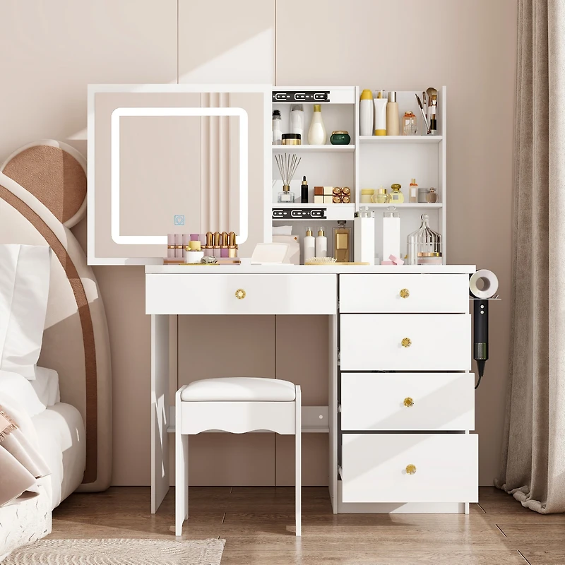Famapy White Makeup Vanity Set Dresser Table with Dimmable Lighted Mirror, Power Strip and Hair Dryer Holder, 5-Drawers, Stool
