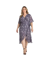 Standards & Practices Plus Lavender Flutter Sleeve Ruffle Hem Wrap Dress Maxi Length