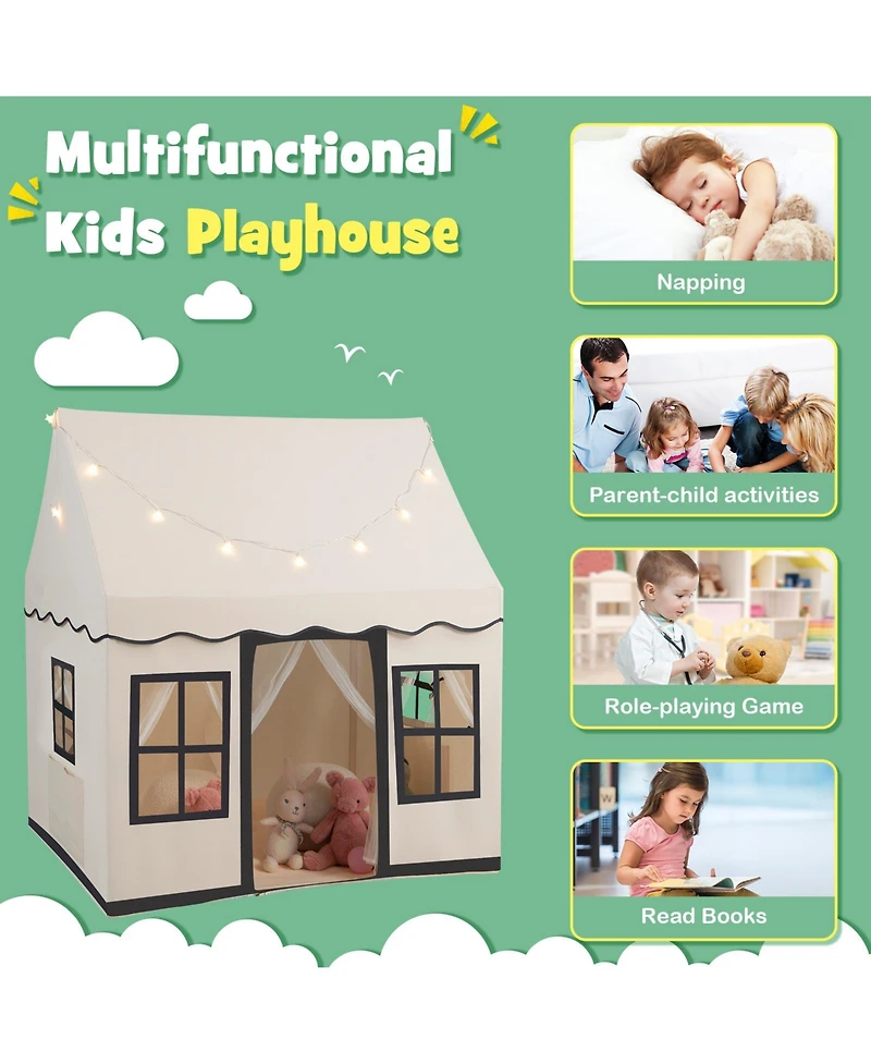 Gouun Toddler Large Playhouse with Star String Lights-Beige