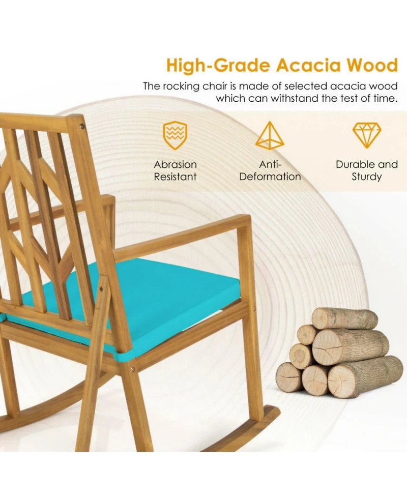 Sugift Patio Acacia Wood Rocking Chair Sofa with Armrest and Cushion for Garden Deck