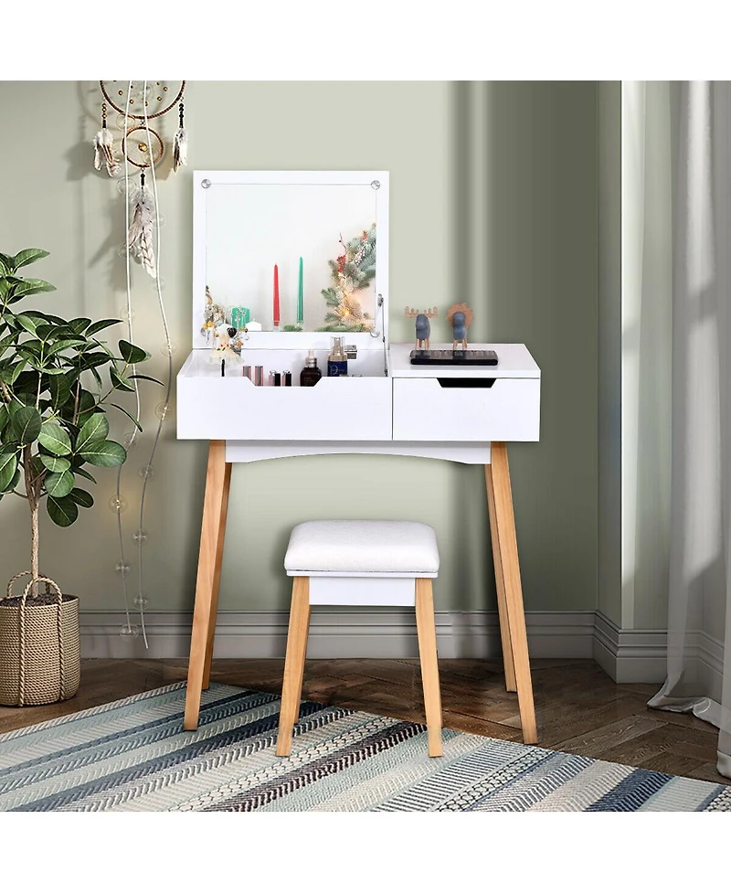 Sugift Wooden Vanity Table with Flip Top Mirror and Cushioned Stool
