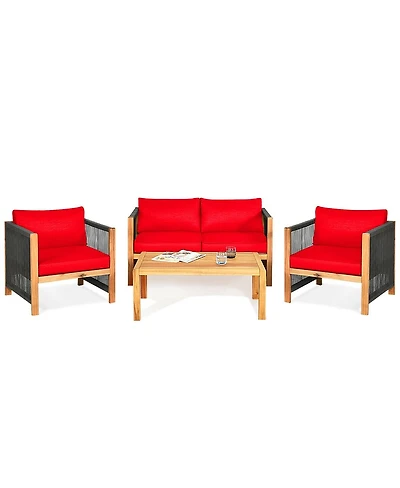 4 Pieces Acacia Wood Sofa Set with Cushions for Outdoor Patio