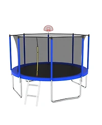 Slickblue 12FT Trampoline Green for Kids & Adults with Basketball Hoop and Ball ,Recreational Trampolines with Safety Enclosure for Back Yard Outdoor