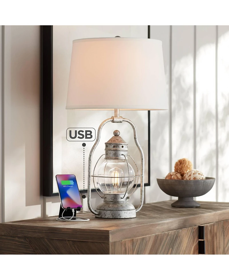 Franklin Iron Works Bodie Rustic Industrial Table Lamp with Usb Charging Port Nightlight Antique Led Edison 26" High Distressed Silver Off White Linen