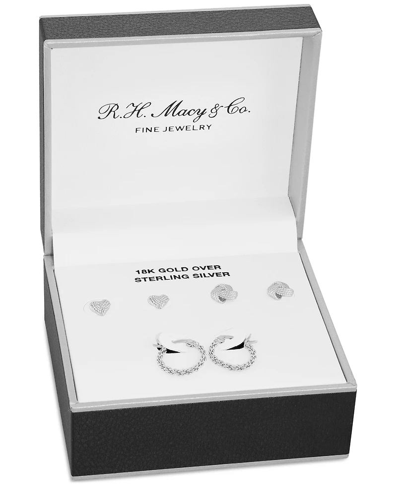 Macy's 3-Pc. Set Loveknot Stud & Twisted Hoop Earrings in 18K Gold Over Sterling Silver or Sterling Silver