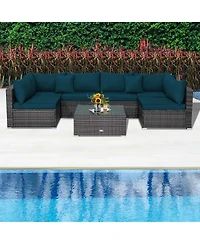 Costway 7PCS Patio Rattan Furniture Set Sectional Sofa Cushioned Garden Peacock
