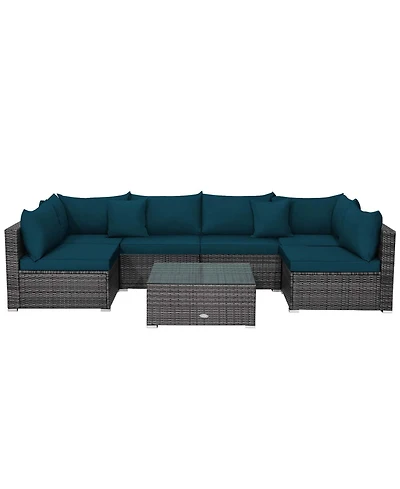 Costway 7PCS Patio Rattan Furniture Set Sectional Sofa Cushioned Garden Peacock