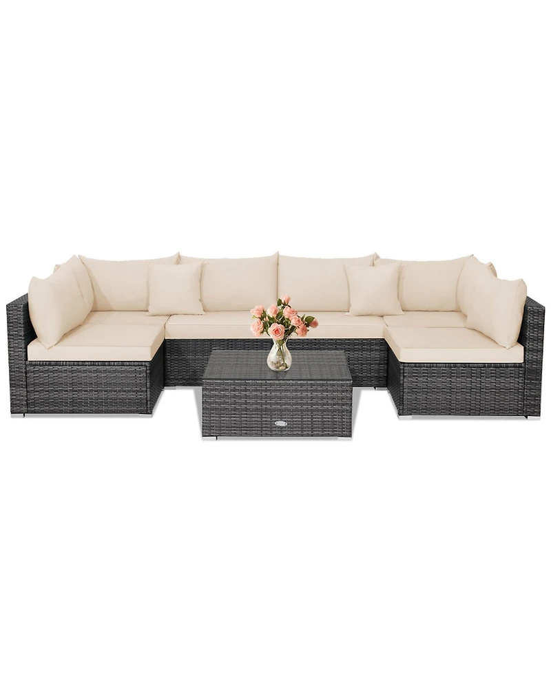 Costway 7PCS Patio Rattan Furniture Set Sectional Sofa Cushioned Garden Peacock