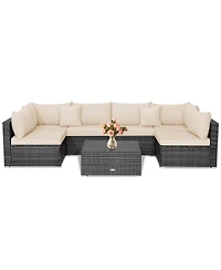Costway 7PCS Patio Rattan Furniture Set Sectional Sofa Cushioned Garden Peacock