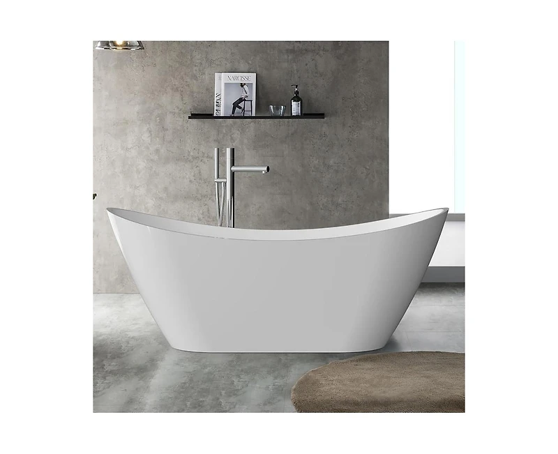 gaomon 59" Freestanding Bathtub, White Acrylic Streamline Stand Alone Soaking Bath Tubs for Adult with Overflow and Drain in Chrome, Perfect for Your