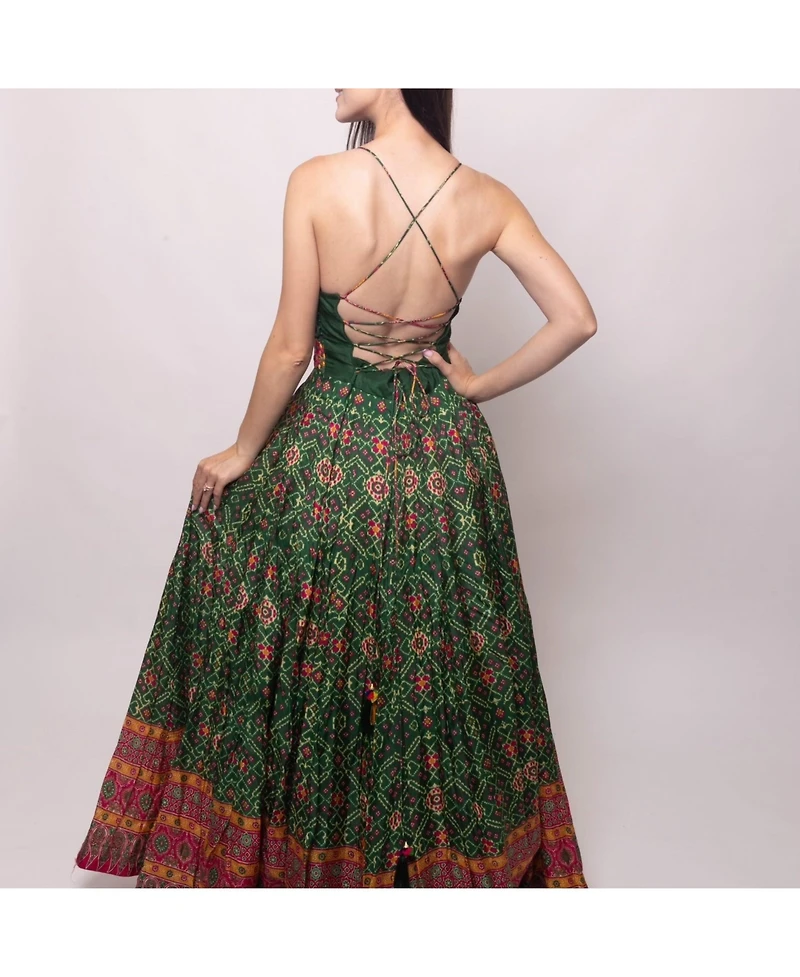 Raas Women's Green Patola Print Halter Long Dress