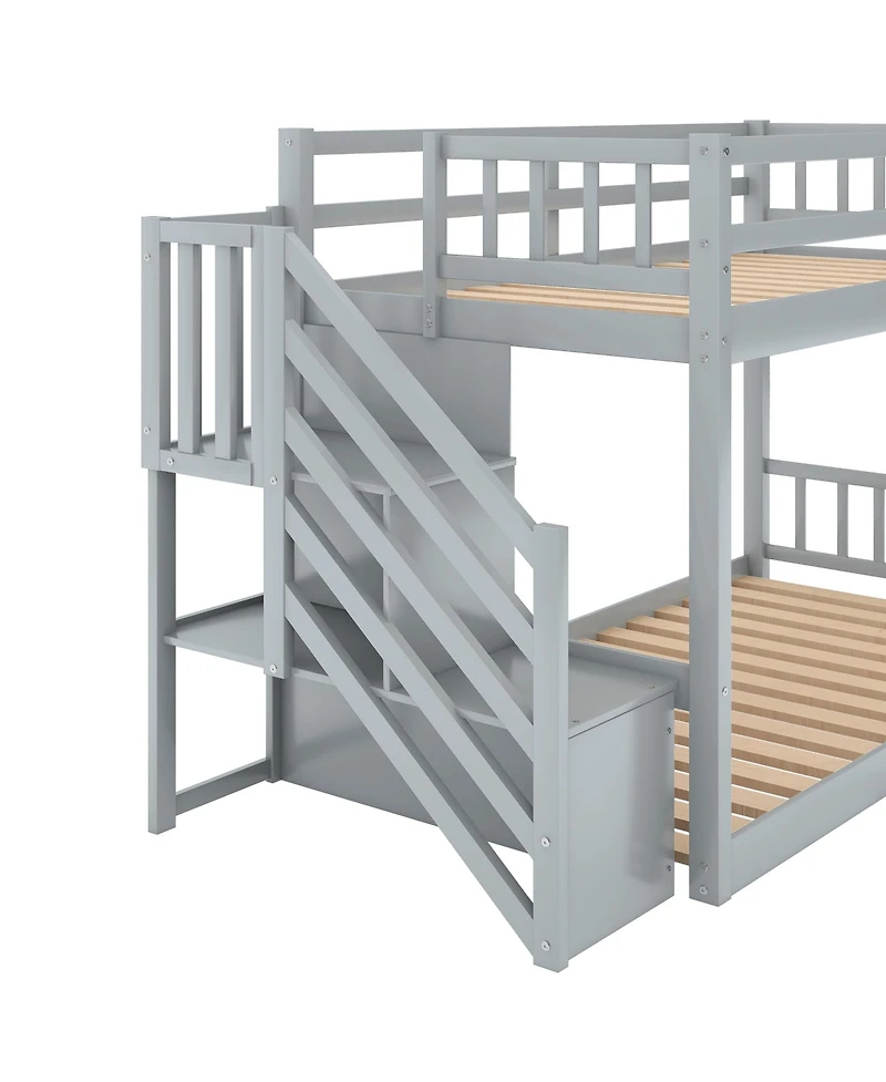 Streamdale Twin Over Twin Floor Bunk Bed, Ladder With Storage