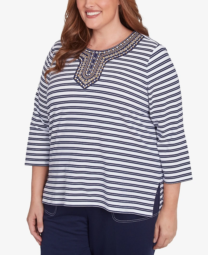 Alfred Dunner Plus Size Block Island Striped Top with Embroidered Neckline